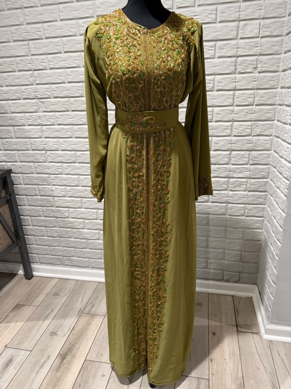 Embellished Olive Green Maxi Dress with Belt